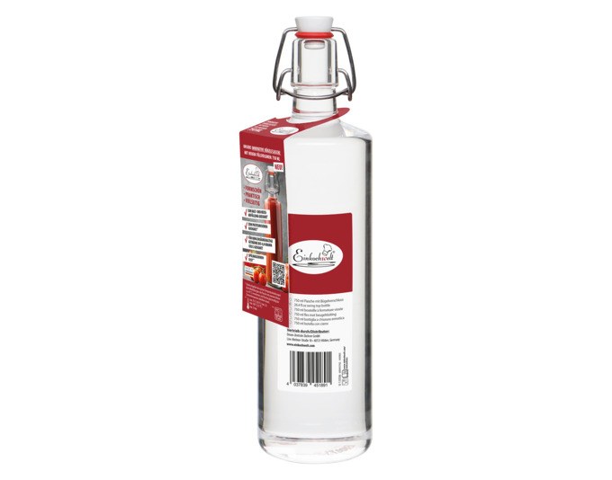 Transparente Glasflasche mit Bügelverschluss, rostfreiem Edelstahlbügel und weissem Porzellankopf, rundes Design, 750 ml Inhalt.