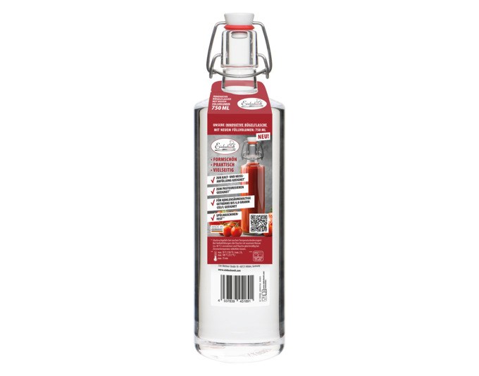 Transparente Glasflasche mit Bügelverschluss, rostfreiem Edelstahlbügel und weissem Porzellankopf, rundes Design, 750 ml Inhalt.