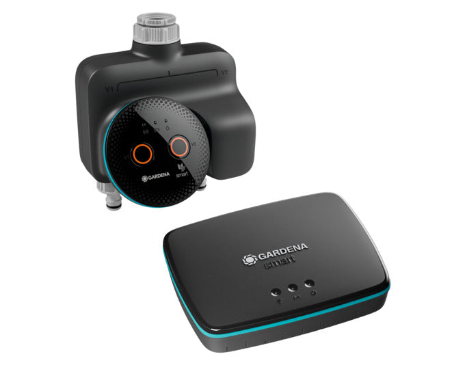 GARDENA Smart Dual Water Control Set für effiziente Bewässerung, ideal für Gartenliebhaber und Pflanzenpflege.