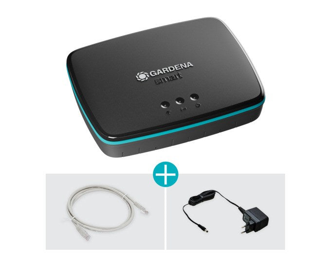 Schwarzes GARDENA Verbindungsgerät Smart Gateway mit LAN-Kabel und Netzteil, kompaktes Kunststoffgehäuse für die smarte Gartenvernetzung.