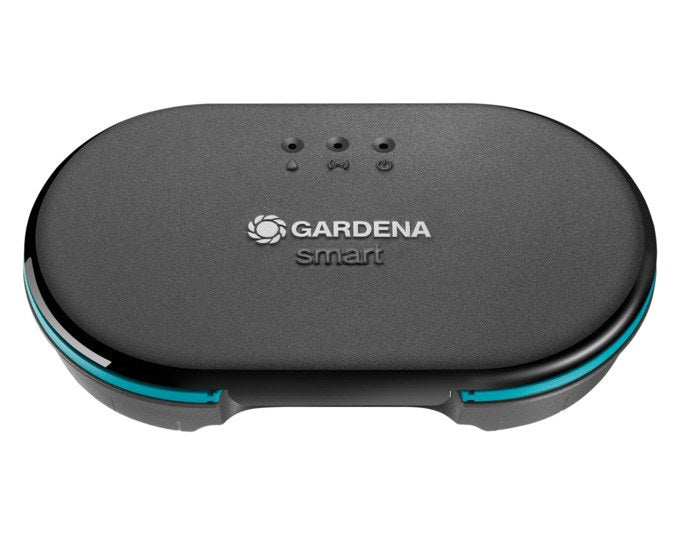 Schwarze GARDENA Bewässerungssteuerung Smart Irrigation Control mit spritzwassergeschütztem Kunststoffgehäuse und Anschlüssen für Bewässerungsventile