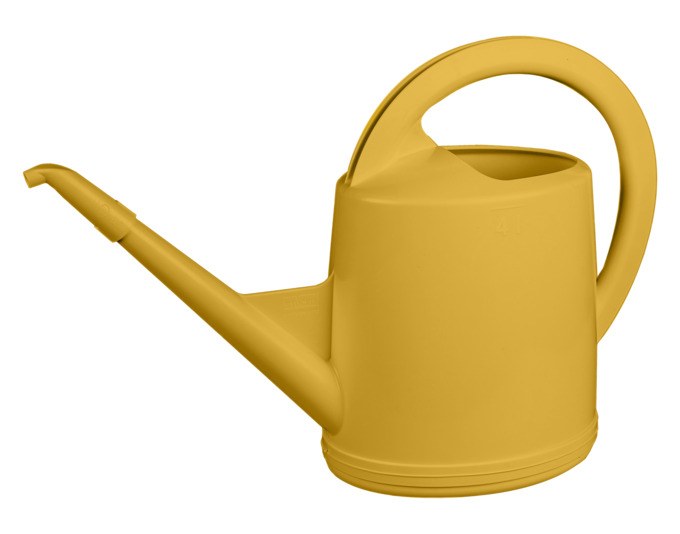 Gelbe STÖCKLI Giesskanne Trend Lemon Curry aus Kunststoff mit ergonomischem Griff, abnehmbarem Ausguss und 4 Liter Fassungsvermögen.