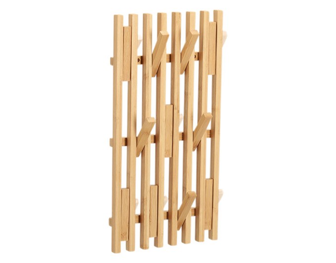 Wandgarderobe aus Bambus in Natur/Braun mit mehreren Kleiderhaken zur Wandmontage, sichtbare warme Holzstruktur der Oberfläche.