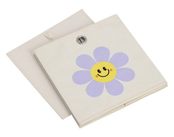 Faltbare Aufbewahrungsbox aus Vlies in Creme und Weiss mit Blumenmotiv, quadratische Form, Masse 28x28x28 cm, offene Boxenstruktur ohne Deckel.