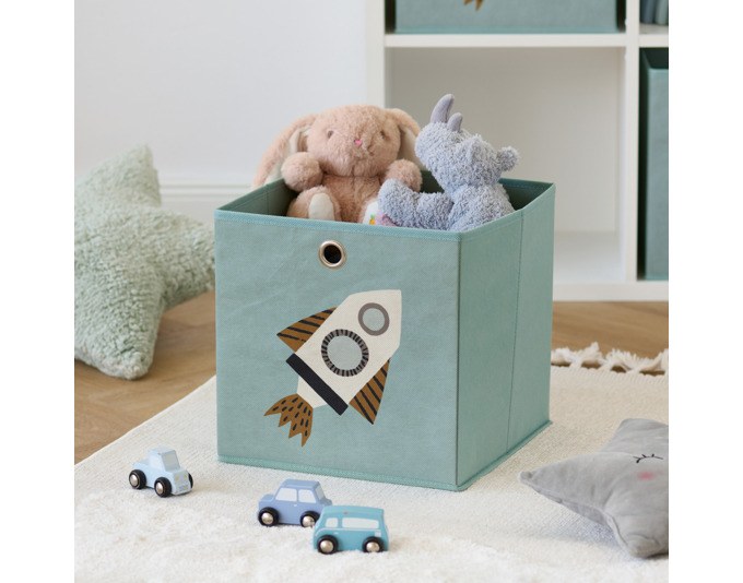Petrolfarbene Aufbewahrungsbox aus Vliesmaterial mit Rocket-Motiv, quadratische Form, Masse 28x28x28 cm, offene Boxenstruktur von ZELLER PRESENT.