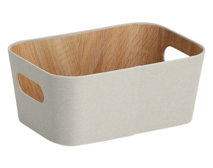 Beiger Aufbewahrungskorb aus Polyester mit flexibler, verformbarer Struktur und abwischbarer Oberfläche, Masse 26x18x11 cm.