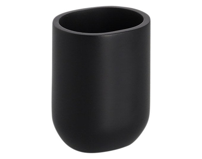 Schwarzer Zahnputzbecher aus Polyresin von ZELLER PRESENT mit glatter Oberfläche, Masse 7.9x6.6x10.1 cm, auf heller Fläche stehend.