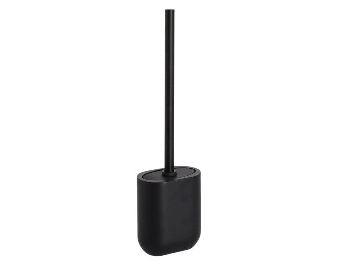 Schwarze WC-Bürste aus Polyresin und Edelstahl mit rundem Bürstenkopf und passendem Halter, freigestellt fotografiert.