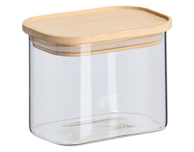 Vorratsglas aus Borosilikatglas mit Bambusdeckel, 630 ml Fassungsvermögen, transparent mit Holzdeckel in Naturbraun, Masse 12.8x9x10 cm.