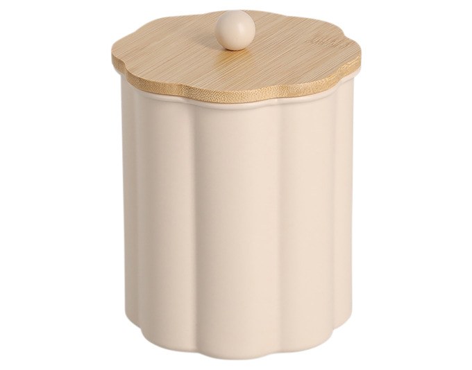 Runde Vorratsdose aus Metall in Beige mit Deckel aus Bambusholz, Fassungsvermögen 1000 ml, Höhe 16.5 cm, Durchmesser 12.2 cm.