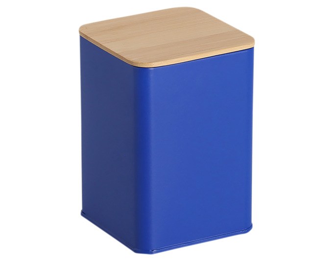 Blaue Metall-Vorratsdose mit Bambusdeckel von ZELLER PRESENT, 1100 ml Fassungsvermögen, Masse 9.5x9.5x14 cm, quadratische Form.