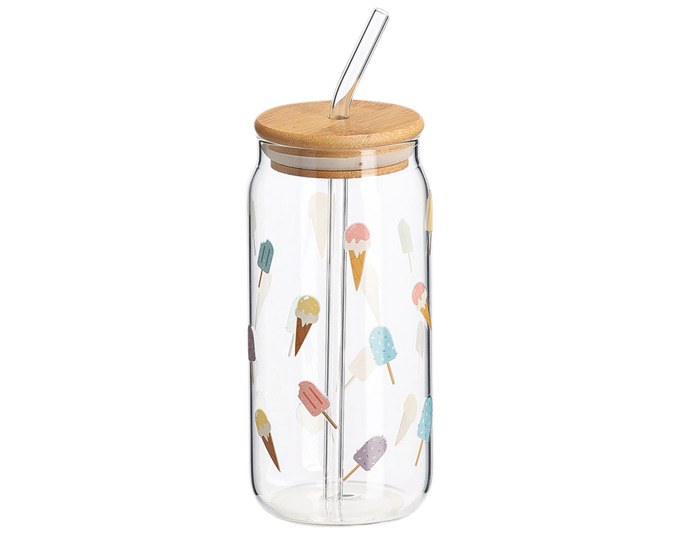 Transparentes ZELLER Trinkglas aus Glas mit natürlichem Bambusdeckel und Glastrinkhalm, Fassungsvermögen 450 ml, Höhe 15.5 cm.