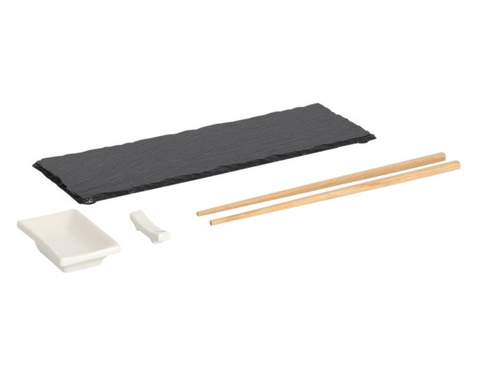 ZELLER Sushi-Set anthrazit 4-teilig mit Schieferplatte, Keramikschale und Bambusstäbchen, Grösse 30x10 cm, Farbe Anthrazit/Grau.
