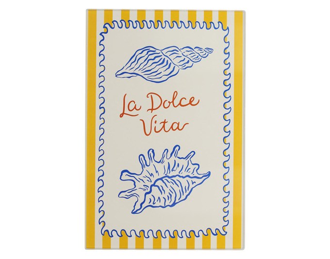 Buntes Schneidbrett aus Sicherheitsglas im Format 30x20 cm mit farbigem Dolce-Vita-Motiv, rechteckige Form, glatte Glasoberfläche.
