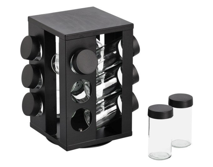 Schwarzes ZELLER Gewürzrondell mit 12 transparenten Glasbehältern auf drehbarem Stahl-Gestell, Masse 14x14x23.5 cm.