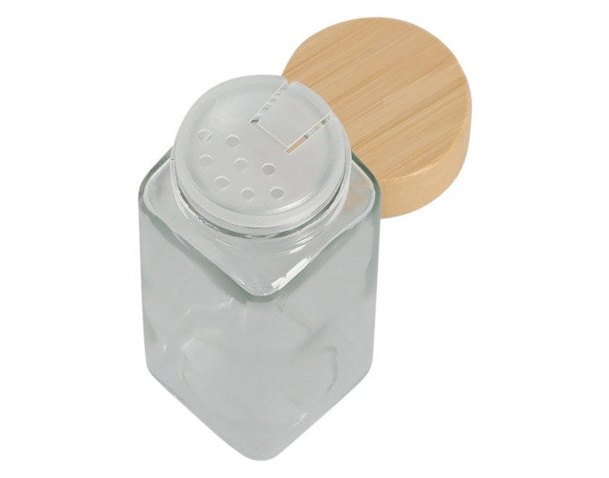 Transparentes Gewürzglas aus Kalk-Natron-Glas mit rundem Bambusdeckel, Höhe 10.5 cm, Durchmesser 4.5 cm, gefüllt mit Gewürzen sichtbar.