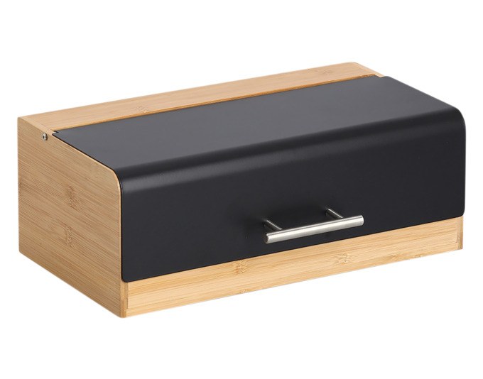 Brotkasten aus Bambus und Metall in Natur und Schwarz mit Edelstahlabdeckung, rechteckige Form, Grösse 36.3x20x13.5 cm.