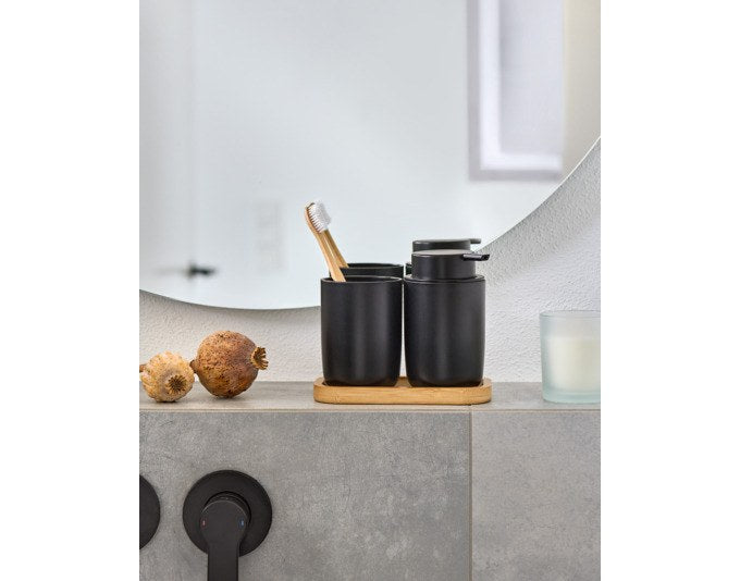 3-teiliges Bad-Accessoires-Set aus Kunststoff und Bambus, kompakte Behälter mit Bambusdeckel, Masse 16.5x9x13.5 cm, ZELLER PRESENT.