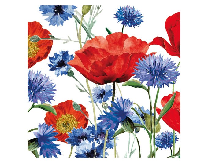 Weisse Papierserviette mit dekoriertem Sommermuster, 33x33 cm, dreilagig gefaltet, aus 100% Tissue, PPD Servietten Summer Field.