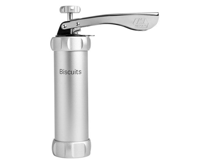Silberne Kekspresse aus poliertem Aluminium mit 20 Stanzformen und zwei Grösseneinstellungen, kompakte Bauform für den Hausgebrauch.