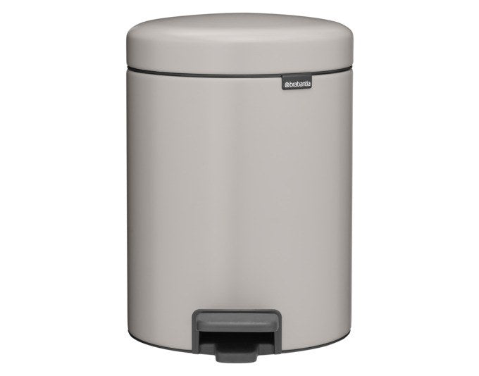 Grauer BRABANTIA Treteimer NewIcon 5 Liter mit Pedal, Deckel und herausnehmbarem Kunststoff-Inneneimer, kompakte Bauform.