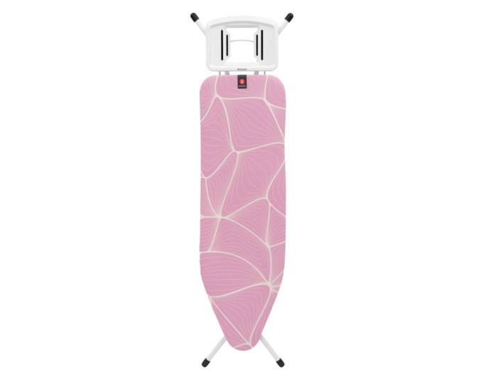 Bügelbrett von BRABANTIA in Lilac Waves mit rosa Bezugsmuster, stabilem Stahlrohrgestell und höhenverstellbarem Vierfussrahmen.