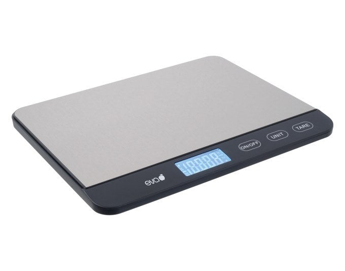 Digitale Küchenwaage aus Edelstahl und Glas in Schwarz-Silber mit LCD-Display, Sensor-Touch-Tasten und rechteckiger Wiegefläche.