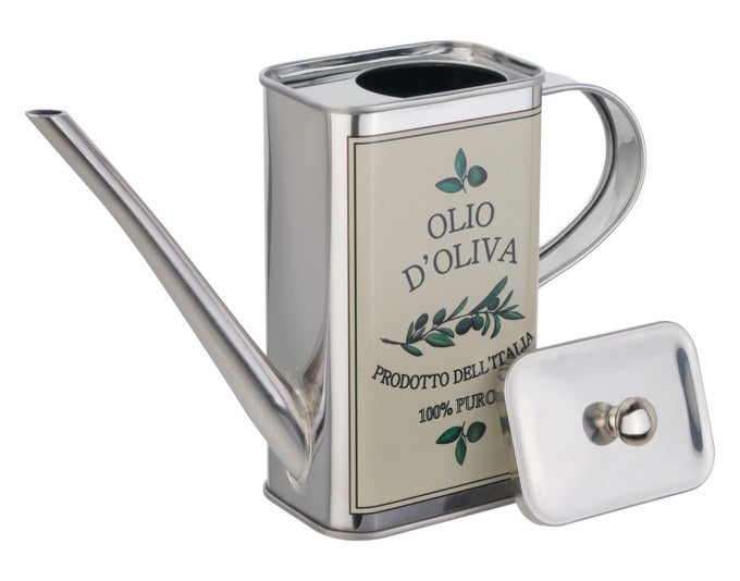 Quadratische Ölkanne aus Edelstahl mit Deckel in Silber, spiegelglanz, dekoratives Design, Fassungsvermögen 0.5 Liter.