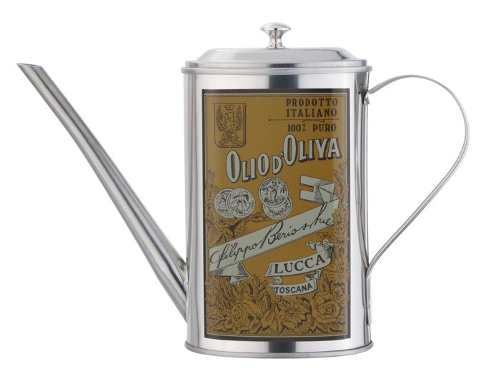 Ovale Ölkanne aus rostfreiem Edelstahl in Silber mit Spiegelglanz-Oberfläche, dekorativem Muster und passendem Deckel, Fassungsvermögen 0.5 Liter.