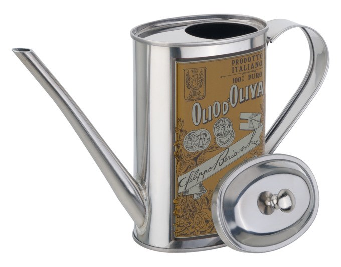 Ovale Ölkanne aus rostfreiem Edelstahl in Silber mit Spiegelglanz-Oberfläche, dekorativem Muster und passendem Deckel, Fassungsvermögen 0.5 Liter.