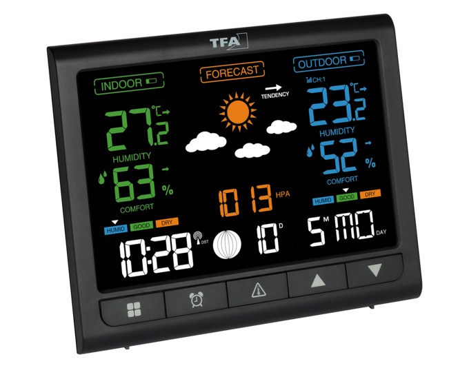 Schwarze TFA Funk-Wetterstation Contrast mit rechteckigem Kunststoffgehäuse und VA-Farbdisplay zur Anzeige von Temperatur, Luftfeuchtigkeit und Wettersymbolen.