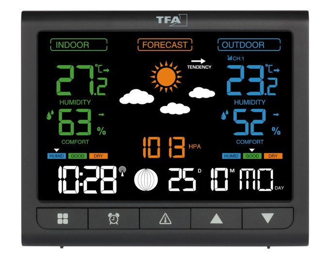 Schwarze TFA Funk-Wetterstation Contrast mit rechteckigem Kunststoffgehäuse und VA-Farbdisplay zur Anzeige von Temperatur, Luftfeuchtigkeit und Wettersymbolen.