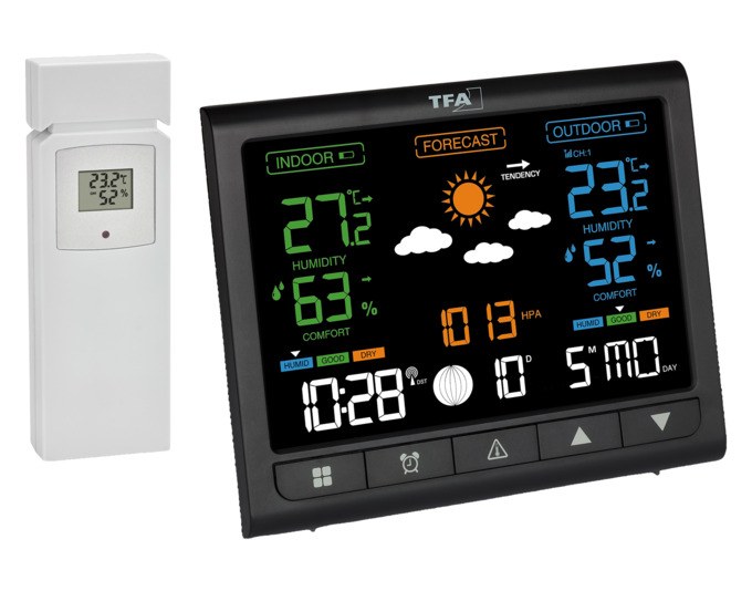 Schwarze TFA Funk-Wetterstation Contrast mit rechteckigem Kunststoffgehäuse und VA-Farbdisplay zur Anzeige von Temperatur, Luftfeuchtigkeit und Wettersymbolen.
