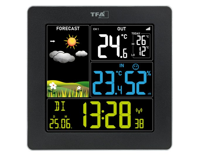 Schwarze TFA Funk-Wetterstation Sun 2 mit farbigem Display, stehend aufgestellt, zeigt Temperatur, Luftfeuchtigkeit und Wettersymbole an.