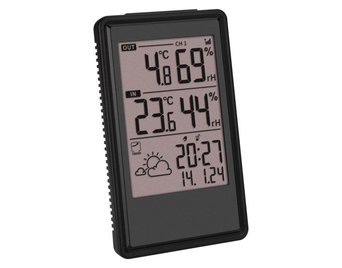 Schwarze TFA Funk-Wetterstation Etna mit Display für Innen- und Aussentemperatur, Luftfeuchtigkeit, Uhrzeit und Wettervorhersage-Symbolen.