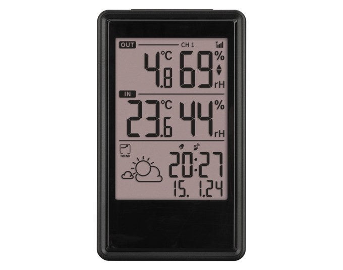 Schwarze TFA Funk-Wetterstation Etna mit Display für Innen- und Aussentemperatur, Luftfeuchtigkeit, Uhrzeit und Wettervorhersage-Symbolen.