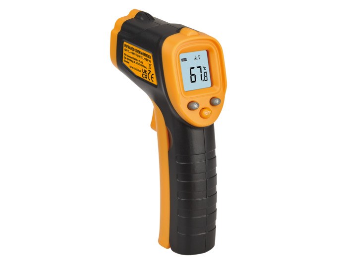 Orange-schwarzes Infrarot-Thermometer TFA Ray Light mit beleuchtetem Display, Auslöser und integriertem Laservisier für punktgenaue Messungen.