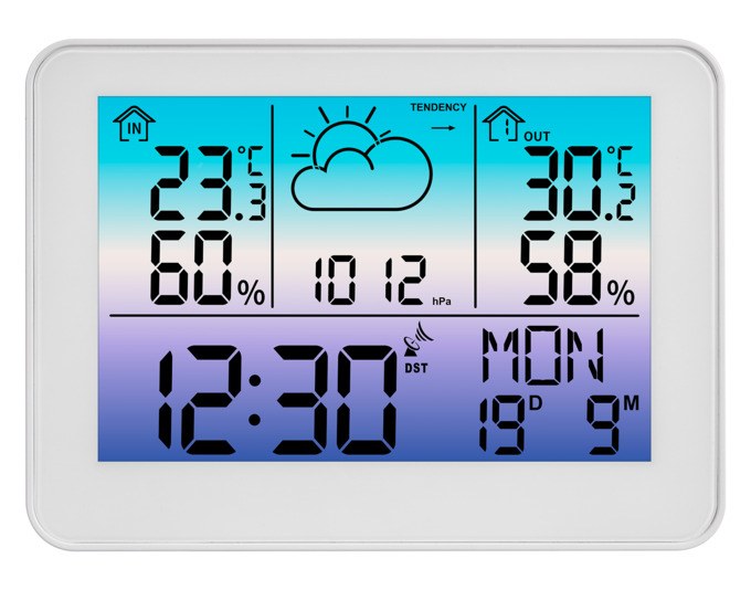 Weisse Funk-Wetterstation TFA Meteo Sky mit Display für Temperatur, Luftfeuchtigkeit, Luftdruck und Uhrzeit, aufstellbar oder wandmontierbar.