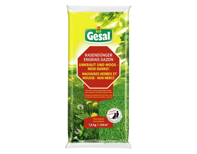 Packung des Gesal Rasendünger Unkraut und Moos – Nein danke, 7.5 kg, grünes Granulat für die Rasenpflege im Garten.