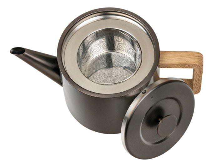 Teekanne aus gebürstetem Edelstahl in Grau mit eckigem Griff in Eichenholzoptik und herausnehmbarem Teefilter, Fassungsvermögen 1.1 Liter.