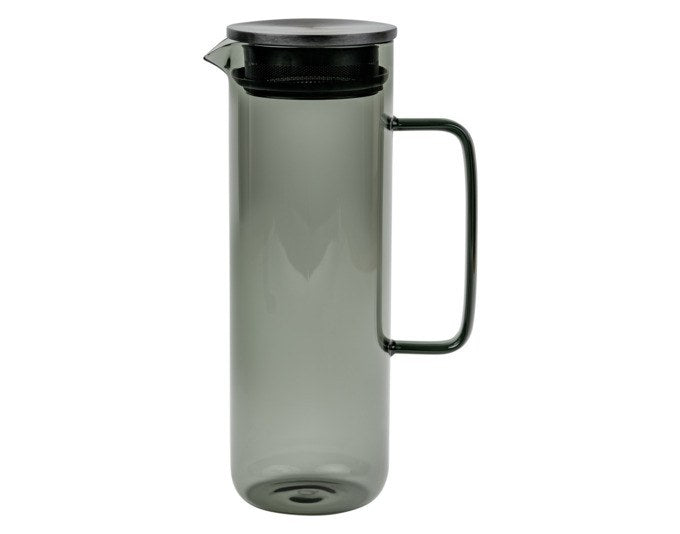Grauer Glaskrug Padua von BREDEMEIJER aus Borosilikatglas mit Deckel, integriertem Filter und ergonomischem Griff, Fassungsvermögen 1.2 Liter.