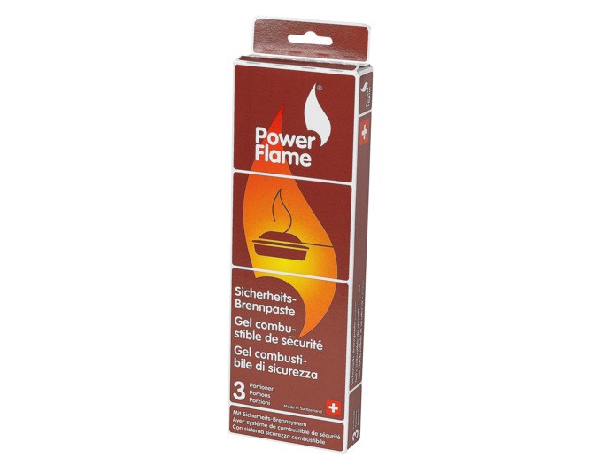 Drei rote Aluminium-Portionsbehälter mit POWERFLAME Brennpaste, je 80 g Inhalt, geeignet für Fonduebrenner und Rechauds.
