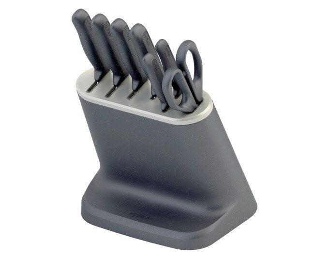 ZYLISS Messerblock 8-teilig in Grau mit Kochmesser, Tranchiermesser, Brotmesser, Santoku-Messer, Schälmesser und Haushaltsschere.