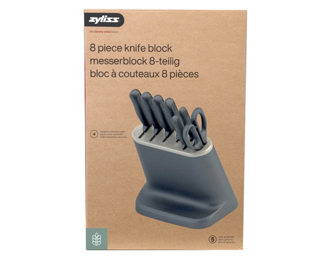 ZYLISS Messerblock 8-teilig in Grau mit Kochmesser, Tranchiermesser, Brotmesser, Santoku-Messer, Schälmesser und Haushaltsschere.