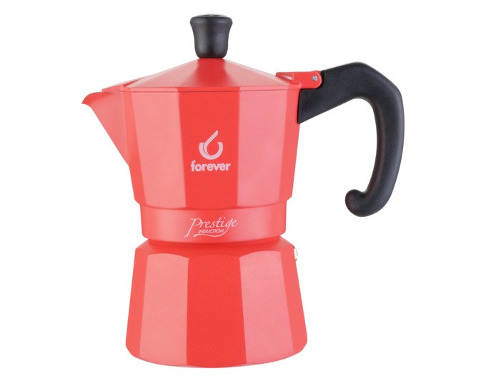Roter Moka Kaffeezubereiter aus Edelstahl und Aluminium mit hitzebeständigem Nylongriff und Deckelknauf, klassische Form für drei Tassen Kaffee.