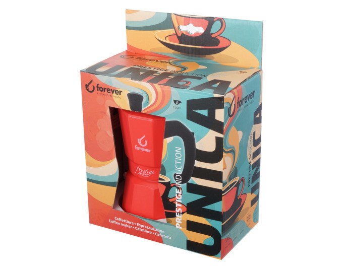 Roter Moka Kaffeezubereiter aus Edelstahl und Aluminium mit hitzebeständigem Nylongriff und Deckelknauf, klassische Form für drei Tassen Kaffee.