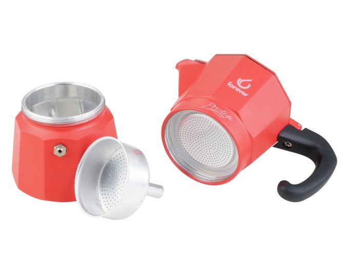 Roter Moka Kaffeezubereiter aus Edelstahl und Aluminium mit hitzebeständigem Nylongriff und Deckelknauf, klassische Form für drei Tassen Kaffee.