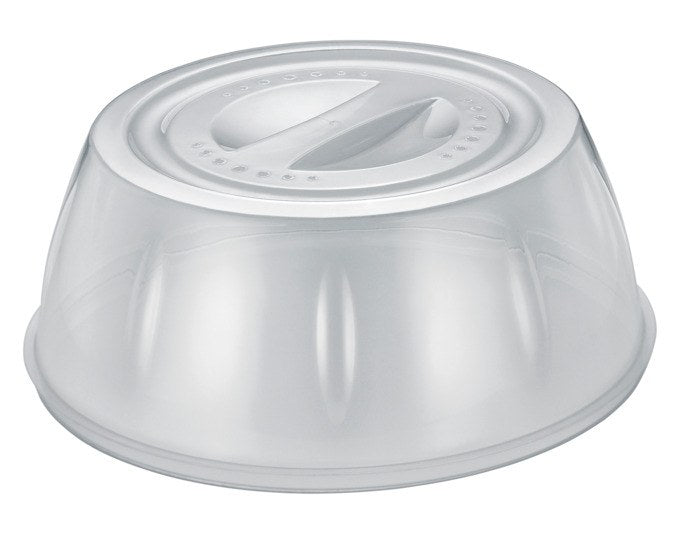 Transparente Mikrowellenhaube aus Kunststoff mit extra hoher, runder Form, Durchmesser 26 cm, als Abdeckung für Teller und Schüsseln in der Mikrowelle.