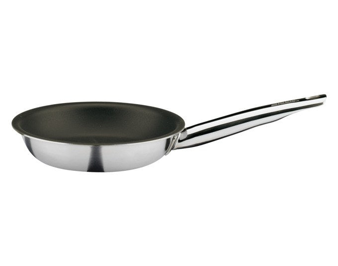 Silberne SPRING Bratpfanne Brigade Ultimate mit 16 cm Durchmesser, Edelstahl-Aussenschicht, rundem Pfannenboden und Stielgriff.