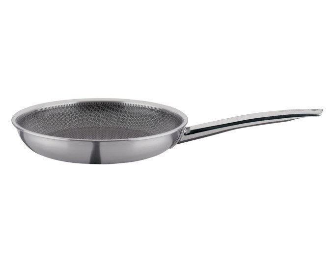 Silberne SPRING Bratpfanne ø 26 cm mit rundem Boden, Edelstahl-Stegen auf der Antihaftbeschichtung und langem, isoliertem Griff.